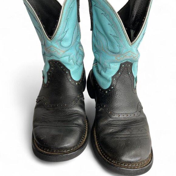 Justin Leather Turquoise Black Roper Western Cowgirl Cowboy Boots Women's 8.5 B - Picture 4 of 13